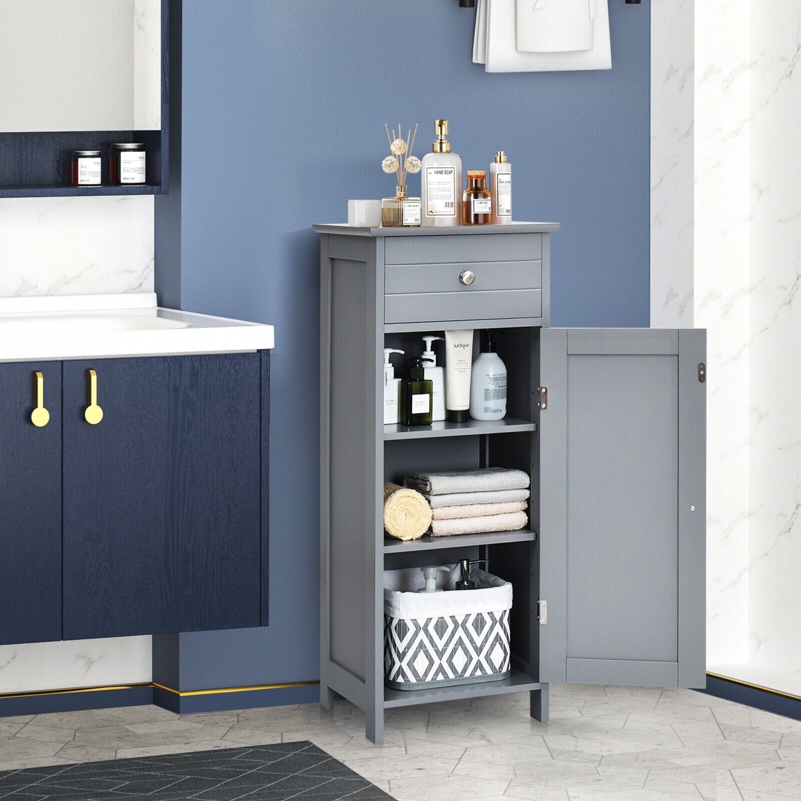 1-Door Freestanding Bathroom Storage Cabinet with Drawer and Adjustable Shelves-Grey